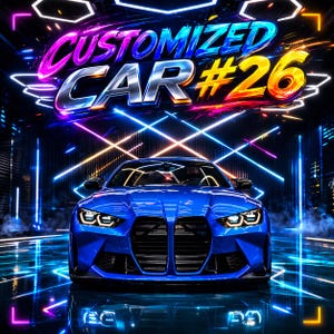 Peut inclure: Image d'une voiture de sport bleue, mise en valeur avec le texte "CUSTOMIZED CAR #26" dans un style néon. La voiture est placée devant un fond de lumières néon, créant une ambiance futuriste et énergique, axée sur la personnalisation.