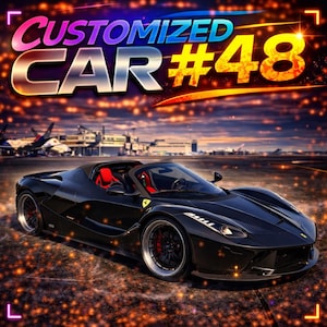 Peut inclure: Une voiture de sport noire décapotable avec un intérieur rouge est garée sur une piste d'atterrissage. L'image présente le texte "CUSTOMIZED CAR #48" dans une police colorée et stylisée, suggérant un service de personnalisation de voitures.