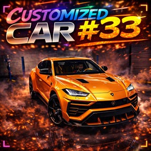 Peut inclure: Une voiture orange personnalisée avec des détails noirs est présentée. Le texte "CUSTOMIZED CAR #33" est affiché dans une police stylisée au-dessus de la voiture. La voiture est dans un garage, avec une personne au volant.