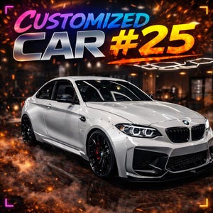 Peut inclure: Une voiture de sport blanche avec des roues noires et des étriers de frein rouges. Le texte "CUSTOMIZED CAR #25" est affiché dans une police colorée et stylisée. L'image a un fond sombre et enflammé.