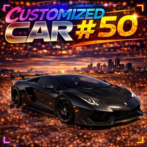 Peut inclure: Une voiture de sport noire au design élégant est présentée dans cette image. La voiture est garée sur une surface avec des lumières scintillantes, avec une ligne d'horizon de la ville en arrière-plan. Le texte "CUSTOMIZED CAR #50" est affiché en haut.
