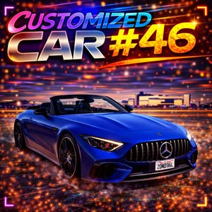 Könnte beinhalten: Ein blaues Cabriolet-Auto mit dem Text "CUSTOMIZED CAR #46" in einem farbenfrohen, beleuchteten Design. Das Auto hat ein Mercedes-Benz-Logo und ein Nummernschild.