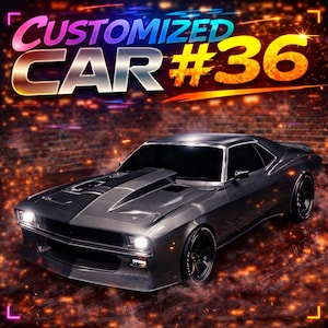 Peut inclure: Image numérique d'une voiture de sport grise personnalisée. La voiture a un design élégant avec des roues noires et une prise d'air proéminente. Le texte "CUSTOMIZED CAR #36" est affiché dans une police colorée et lumineuse au-dessus de la voiture.