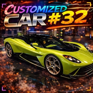 Peut inclure: Une voiture de sport vert citron avec un toit noir et des jantes dorées. Le texte "CUSTOMIZED CAR #32" est affiché dans une police colorée et lumineuse au-dessus de la voiture. La voiture est sur une surface réfléchissante.