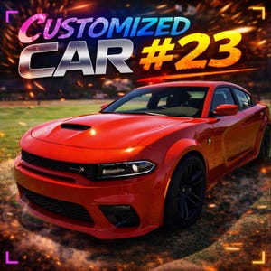 Peut inclure: Une voiture rouge vif personnalisée avec des roues noires est présentée. Le texte "CUSTOMIZED CAR #23" est affiché dans une police colorée et accrocheuse au-dessus de la voiture. La voiture est garée sur une zone herbeuse.