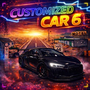 Peut inclure: Une voiture de sport noire avec des accents rouges est au centre de cette image, sur fond de paysage désertique. Le texte "CUSTOMIZED CAR 6" est affiché au-dessus de la voiture. L'arrière-plan comprend un motel, une station-service et un panneau Route 66.