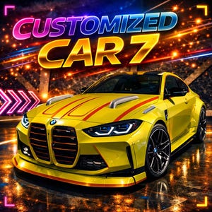 Peut inclure: Une voiture de sport jaune vif avec des rayures rouges et des jantes noires. L'image présente le texte "CUSTOMIZED CAR 7" dans une police colorée et lumineuse, suggérant la personnalisation et le design automobile.