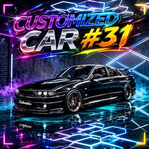 May include: A black sports car with the text "CUSTOMIZED CAR #31" in a neon-style design. The car is parked in a garage with neon lights and a reflective floor. The word "Customization" is written on the car.