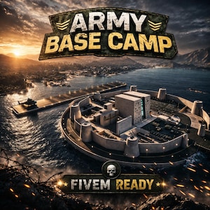 May include: An aerial view of an army base camp, with a fortress-like structure surrounded by water. The image includes the text "ARMY BASE CAMP" and "FIVE M READY" with a skull icon. A helicopter is on a landing strip.