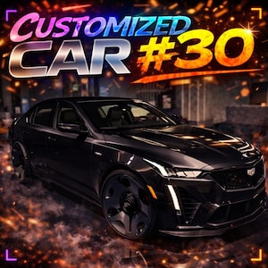 Peut inclure: Une berline noire avec des jantes personnalisées et le texte "CUSTOMIZED CAR #30" dans une police stylisée. La voiture a un design élégant avec des phares lumineux, sur fond de ville flou.