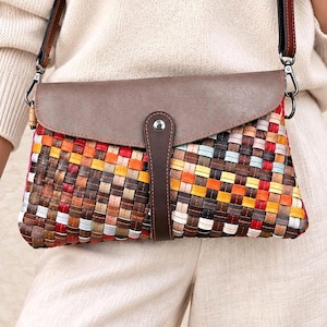 Woven Leather Bag, Small Multicolor Cowhide Patchwork Flap Purse with Detachable Strap