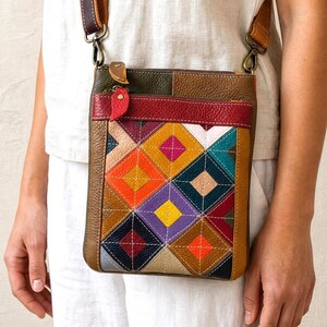 Crossbodytas van kleurrijk leer met vintage patchworkontwerp, kleine alledaagse handtas voor dames