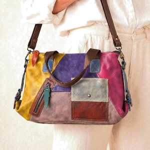 Sac en cuir coloré à motifs patchwork multicolores, sac cabas style bohème
