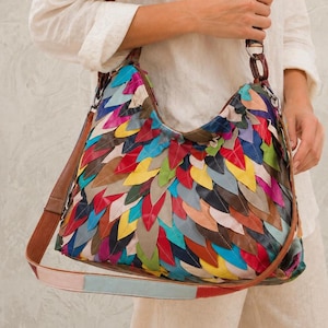 Boho Patchwork-väska, Handgjord Hobo-väska, Boho Axelväska, Färgglad Läderväska, Färgglad Handväska