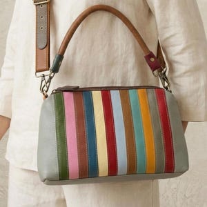 Colorful Leather Shoulder Bag, Minimal Patchwork Bag, Everyday Crossbody Purse, Multicolor Leather Handbag, Casual Chic Bag