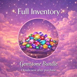 May include: A digital image showing a collection of colourful gemstones, including red, blue, green, and yellow. The gemstones are arranged in a circular design, with the text "Full Inventory" and "Gemstone Bundle" on a purple, starry background.