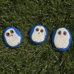 Piedras de cuentos pintadas a mano con motivos de crías de búho