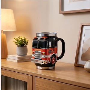Könnte beinhalten: Ein zylindrischer Becher in Form eines rot-schwarzen Feuerwehrautos mit silbernem Metallrand und schwarzem Henkel. Die Vorderseite zeigt einen detaillierten Kühlergrill, Scheinwerfer und den Schriftzug FIRE RESCUE in Weiß auf rotem Grund.