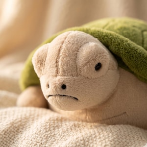 May include: A soft toy turtle with a light brown head and a green shell. The turtle has small black eyes and a slightly downturned mouth. The plush toy is resting on a cream-coloured, textured surface, creating a cosy feel.