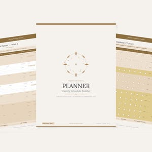 May include: A beige weekly workout planner and monthly consistency tracker. The central page features the word "PLANNER" with "Weekly Schedule Builder" below it. The planner has a minimalist design with a neutral color palette.