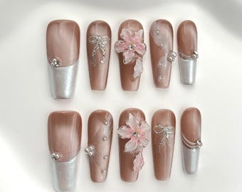 3D Floral Press on Nails, Shimmering Rose Gold & Silver French Tip Handmade Set