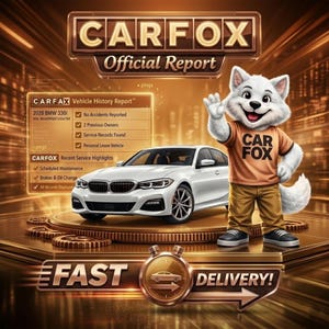 Puede incluir: Anuncio digital de Carfax. La imagen presenta un coche blanco, una mascota de zorro de dibujos animados con una camiseta naranja y texto que dice "Official Report" y "Fast Delivery!"
