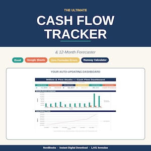 May include: A digital cash flow tracker with the text "THE ULTIMATE CASH FLOW TRACKER" and "& 12-Month Forecaster." Includes Excel, Google Sheets, and Runway Calculator options. Features a dashboard with financial data and charts. Instant digital download.