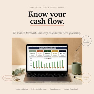 Cash Flow Tracker Spreadsheet | 12 Month Forecast, Runway & Burn Rate Calculator | Small Business Excel and Google Sheets Template