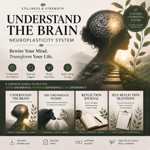 May include: Digital bundle titled "Understand the Brain" with a neuroplasticity system theme. The image features a woman's silhouette with a brain illustration, along with guides, a journal, and self-reflection questions. The bundle promises lasting change.
