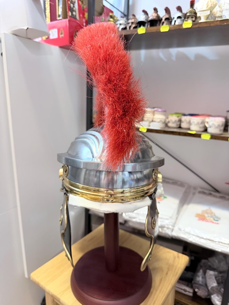 Puede incluir: Un casco de estilo romano con una c&uacute;pula de metal plateado pulido, una banda ancha de color lat&oacute;n alrededor de la base y dos protectores de mejillas articulados. Un penacho de cepillo rojo brillante, alto y prominente, se extiende verticalmente.