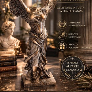 May include: A bronze-toned sculpture of the Winged Victory of Samothrace, with outstretched wings, stands on a rectangular base. The image includes text that reads "NIKE DI SAMOTRACIA" and "Inspired by Classical Art". A bust and books are in the background.