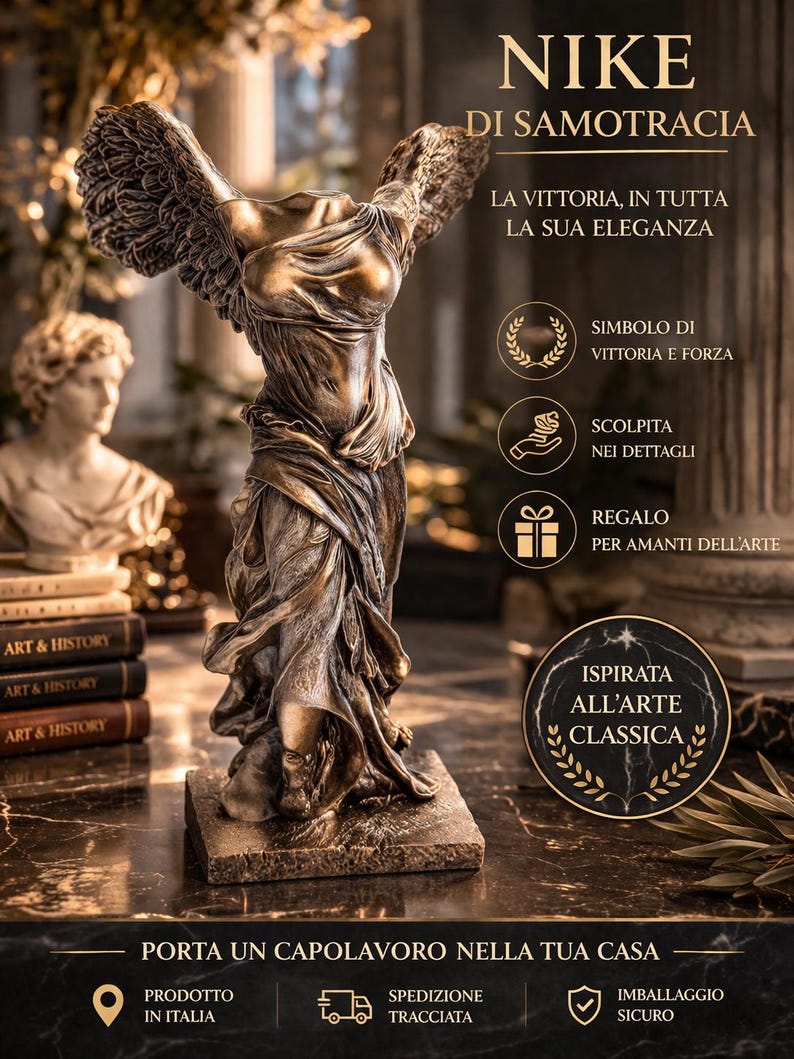 May include: A bronze-toned sculpture of the Winged Victory of Samothrace, with outstretched wings, stands on a rectangular base. The image includes text that reads "NIKE DI SAMOTRACIA" and "Inspired by Classical Art". A bust and books are in the background.