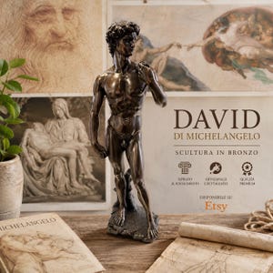 May include: A bronze sculpture of Michelangelo's David is displayed. The statue is detailed and set against a backdrop of art prints and the text "DAVID DI MICHELANGELO SCULTURA IN BRONZO" with Etsy's logo.