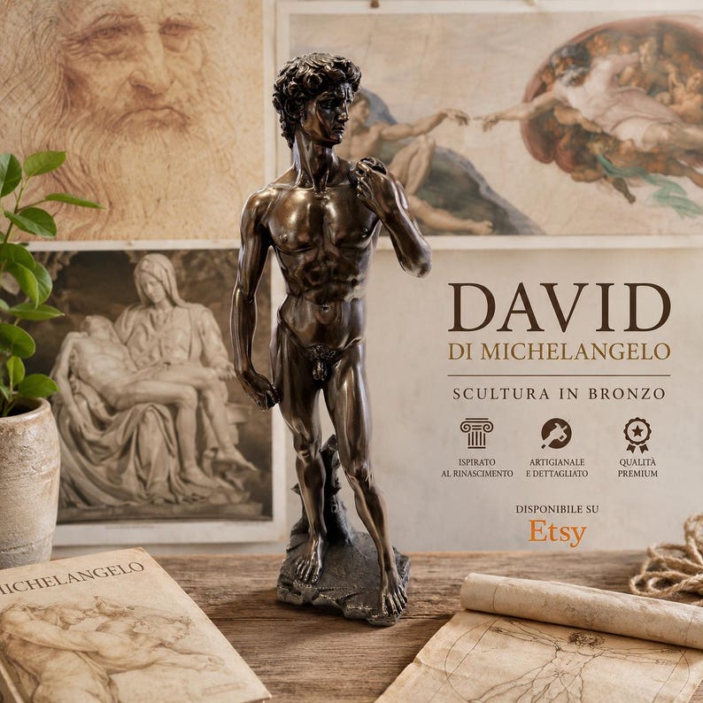 May include: A bronze sculpture of Michelangelo's David is displayed. The statue is detailed and set against a backdrop of art prints and the text "DAVID DI MICHELANGELO SCULTURA IN BRONZO" with Etsy's logo.