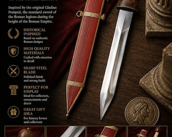 Gladius Pompeii Roman Sword | Ancient Rome Replica | Roman Legionary Gladius | Red Scabbard | Historical Collectible