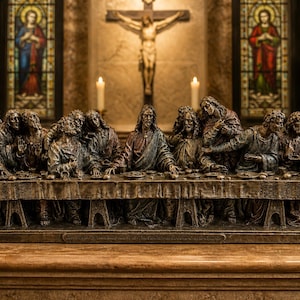 May include: A bronze-colored sculpture depicting the Last Supper, with figures seated around a long table. The sculpture is set against a backdrop of stained-glass windows, a crucifix, and lit candles, creating a religious theme.