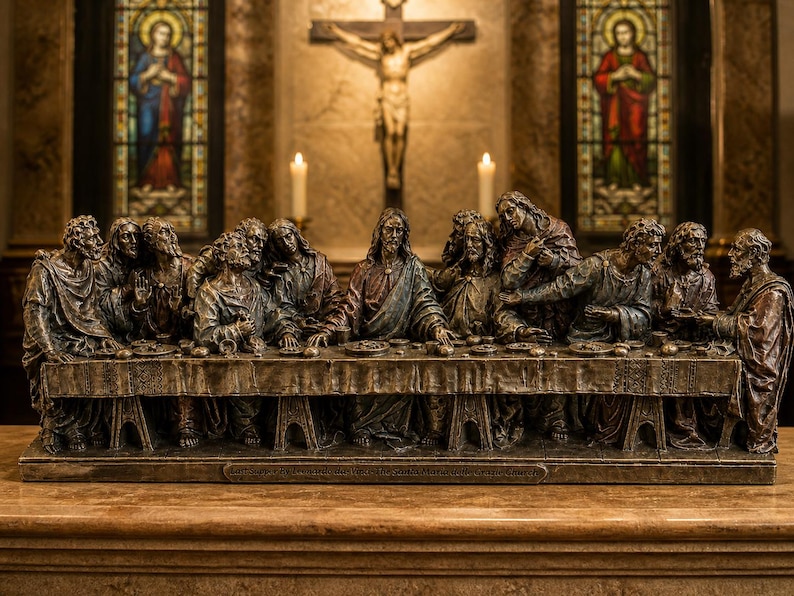 May include: A bronze-colored sculpture depicting the Last Supper, with figures seated around a long table. The sculpture is set against a backdrop of stained-glass windows, a crucifix, and lit candles, creating a religious theme.