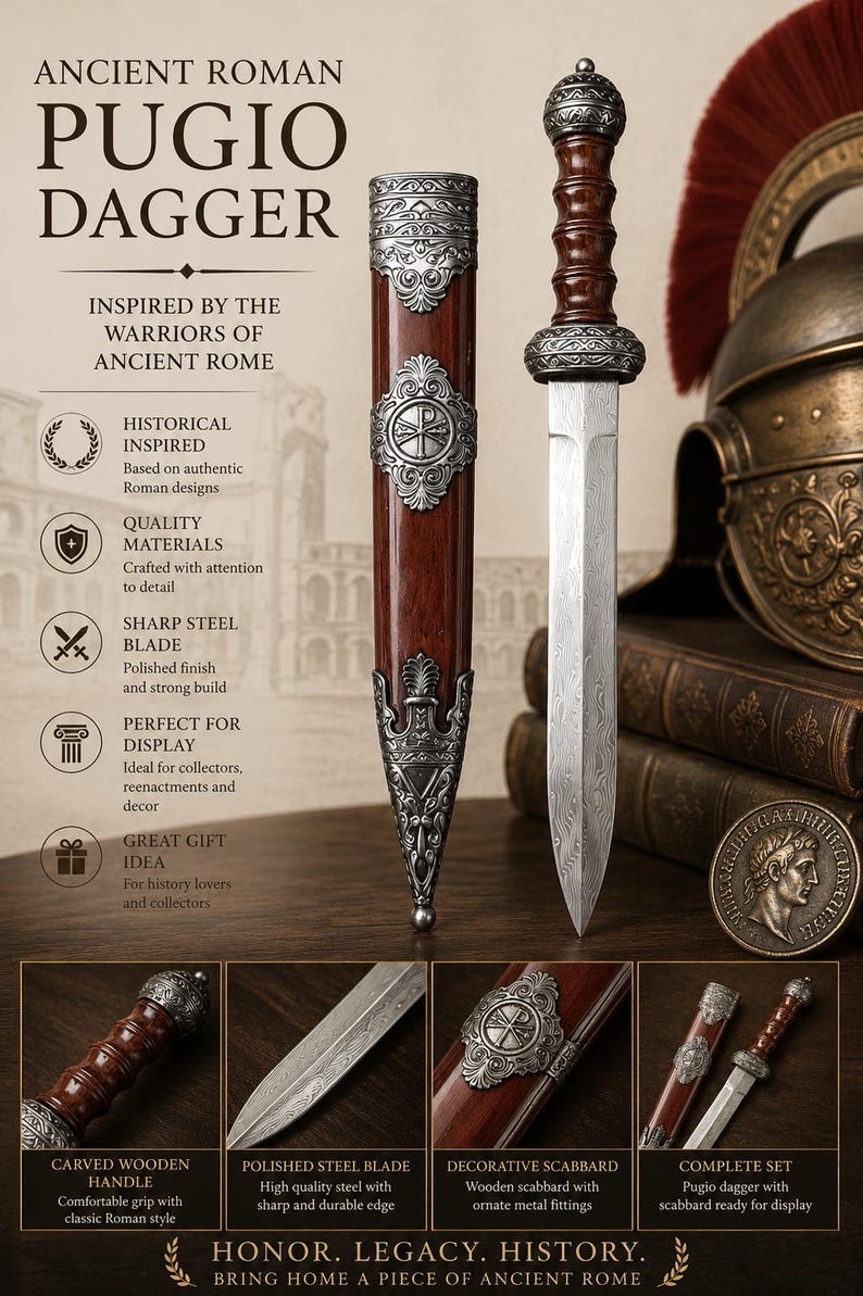 Ancient Roman Pugio Dagger | Roman Legionary Dagger Replica | Roman Military Knife with Ornate Scabbard | Historical Collectible Gift immagine 1