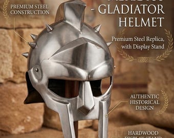 Replik eines römischen Gladiatorenhelms – Hochwertiger Stahlhelm für Arena-Champions – Inklusive Präsentationsständer aus Hartholz – Dekoratives Geschenk im Stil des antiken Roms