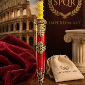 May include: A decorative Roman gladius with a red scabbard and gold accents. The hilt is yellow, and the scabbard features ornate gold detailing and a circular emblem. The background includes a Colosseum image and the text "SPQR".