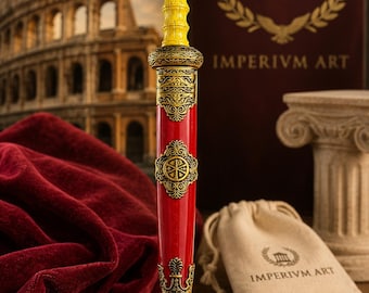 Réplique d'épée gladius romaine – Poignard de légionnaire SPQR rouge et or – Cadeau de la Rome antique – Chi Rho Constantine – Livrée avec une pochette en lin