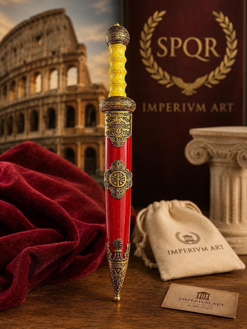 May include: A decorative Roman gladius with a red scabbard and gold accents. The hilt is yellow, and the scabbard features ornate gold detailing and a circular emblem. The background includes a Colosseum image and the text "SPQR".