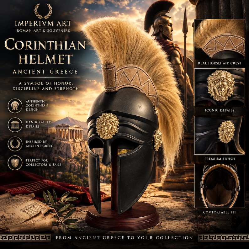 K&ouml;nnte beinhalten: Ein schwarzer korinthischer Helm mit einem beigefarbenen Rosshaarkamm, goldfarbenen Metallakzenten in Form eines Gesichts und einer glatten Oberfl&auml;che. Der Helm steht auf einem runden Holzst&auml;nder und zeigt detaillierte handwerkliche Elemente.