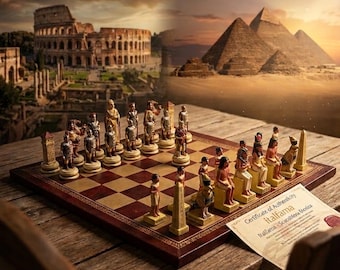 Luxury Romans vs Egyptians Chess Set | Hand-Painted Historical Chess Pieces with Wooden Board | Premium Collectible Gift for Chess Masters