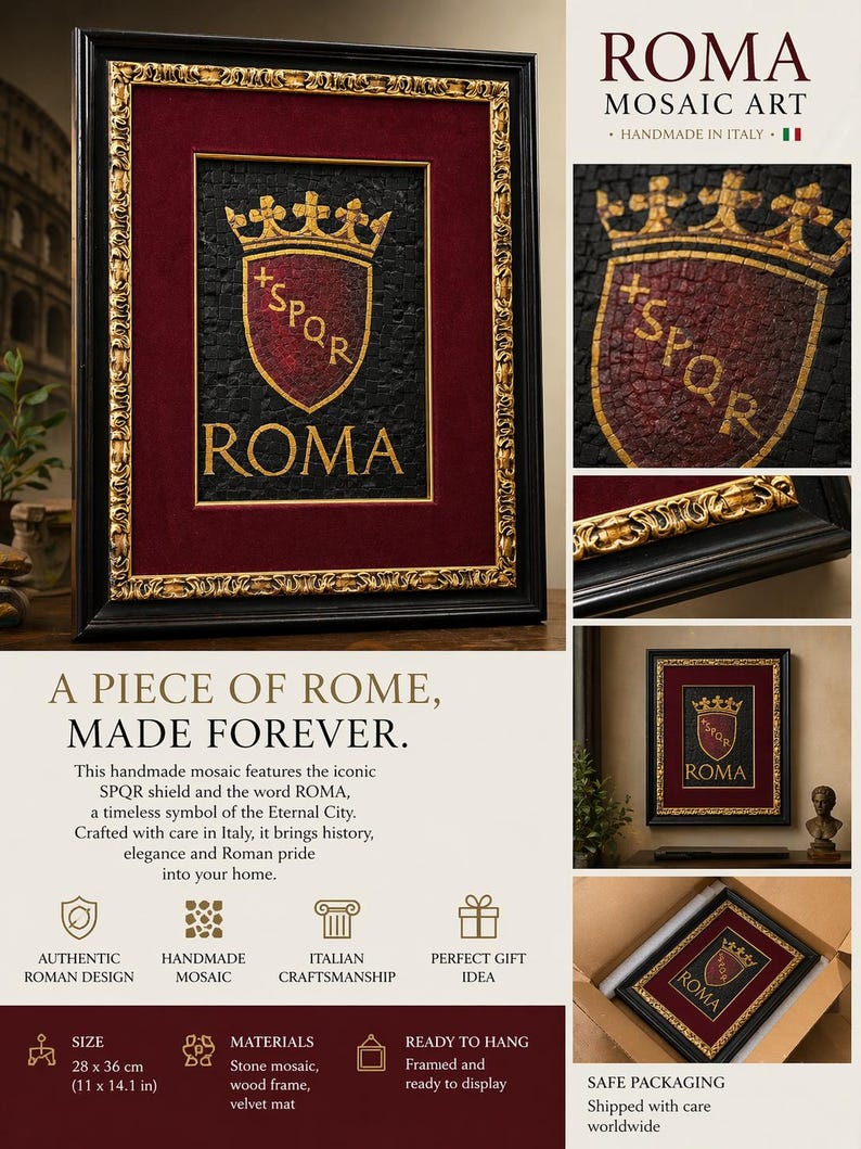 Pu&ograve; includere: Un'opera d'arte a mosaico incorniciata che presenta una corona dorata e le lettere SPQR su uno scudo scuro, con la parola ROMA sottostante. L'opera &egrave; posta su un passe-partout in velluto rosso scuro in una cornice di legno oro e nera, 28 per 36 cm.