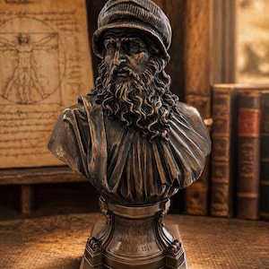 Puede incluir: Busto de bronce de Leonardo da Vinci, con una detallada representaci&oacute;n del artista con barba y sombrero. El busto est&aacute; montado sobre un pedestal con texto grabado. Un dibujo y libros se encuentran en el fondo.
