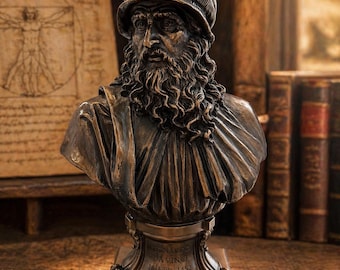 Leonardo Da Vinci Bust Sculpture – Renaissance Statue | Handmade Bronze Effect | Italian Art Decor | Genius Artist Statue | Made in Italy