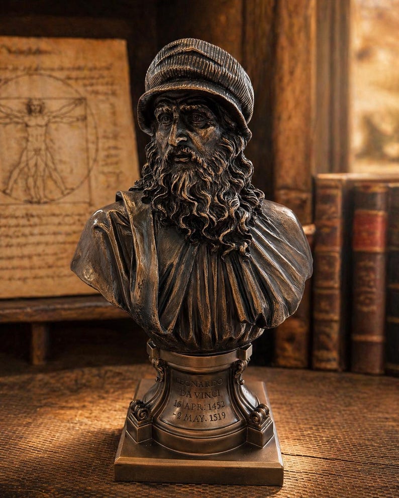 Puede incluir: Busto de bronce de Leonardo da Vinci, con una detallada representaci&oacute;n del artista con barba y sombrero. El busto est&aacute; montado sobre un pedestal con texto grabado. Un dibujo y libros se encuentran en el fondo.