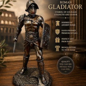 Pode incluir: Est&aacute;tua de gladiador romano em bronze, segurando uma espada e um escudo. A figura &eacute; detalhada com armadura e capacete, em p&eacute; sobre uma base texturizada. O texto na imagem diz "Gladiador Romano" e "Feito na It&aacute;lia."
