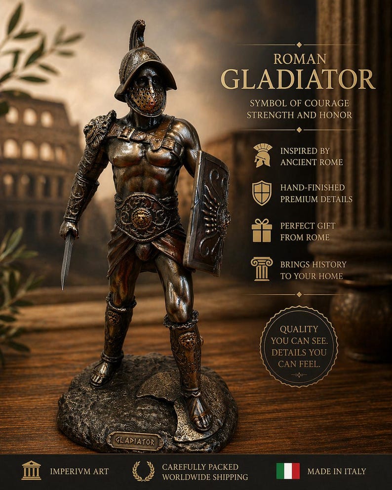 Pode incluir: Est&aacute;tua de gladiador romano em bronze, segurando uma espada e um escudo. A figura &eacute; detalhada com armadura e capacete, em p&eacute; sobre uma base texturizada. O texto na imagem diz "Gladiador Romano" e "Feito na It&aacute;lia."